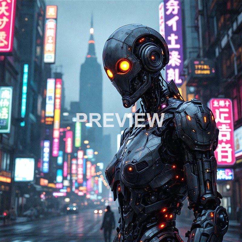 A highly detailed humanoid robot with glowing red eyes and illuminated joints stands on a city street at dusk, with neon signs and a tall building in the background.